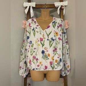 Tamara H M White Multi Floral Bubble Hem Peasant Blouse Boho Size M